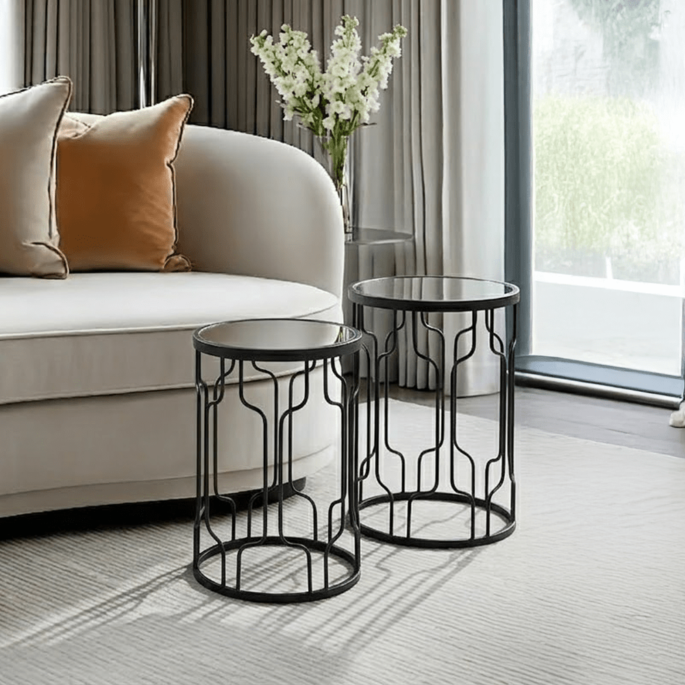 Lorenza Black Metal Side Table with Mirrored Top - Set of 2 Furniture 