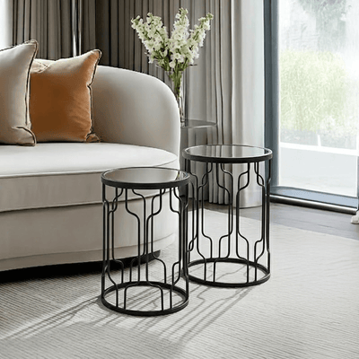 Lorenza Black Metal Side Table with Mirrored Top - Set of 2 Furniture 