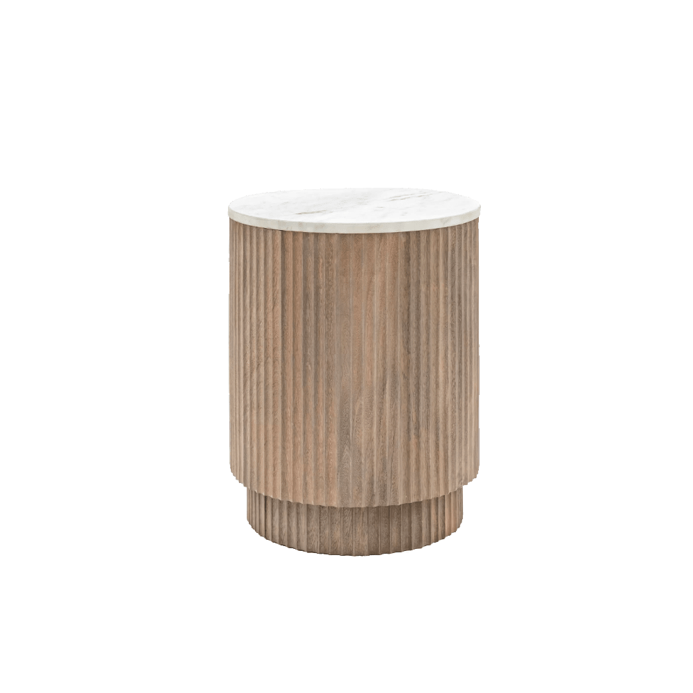 Luna Mango Wood Ribbed Round Side Table with Marble Top Furniture 