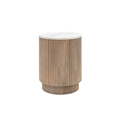 Luna Mango Wood Ribbed Round Side Table with Marble Top Furniture 