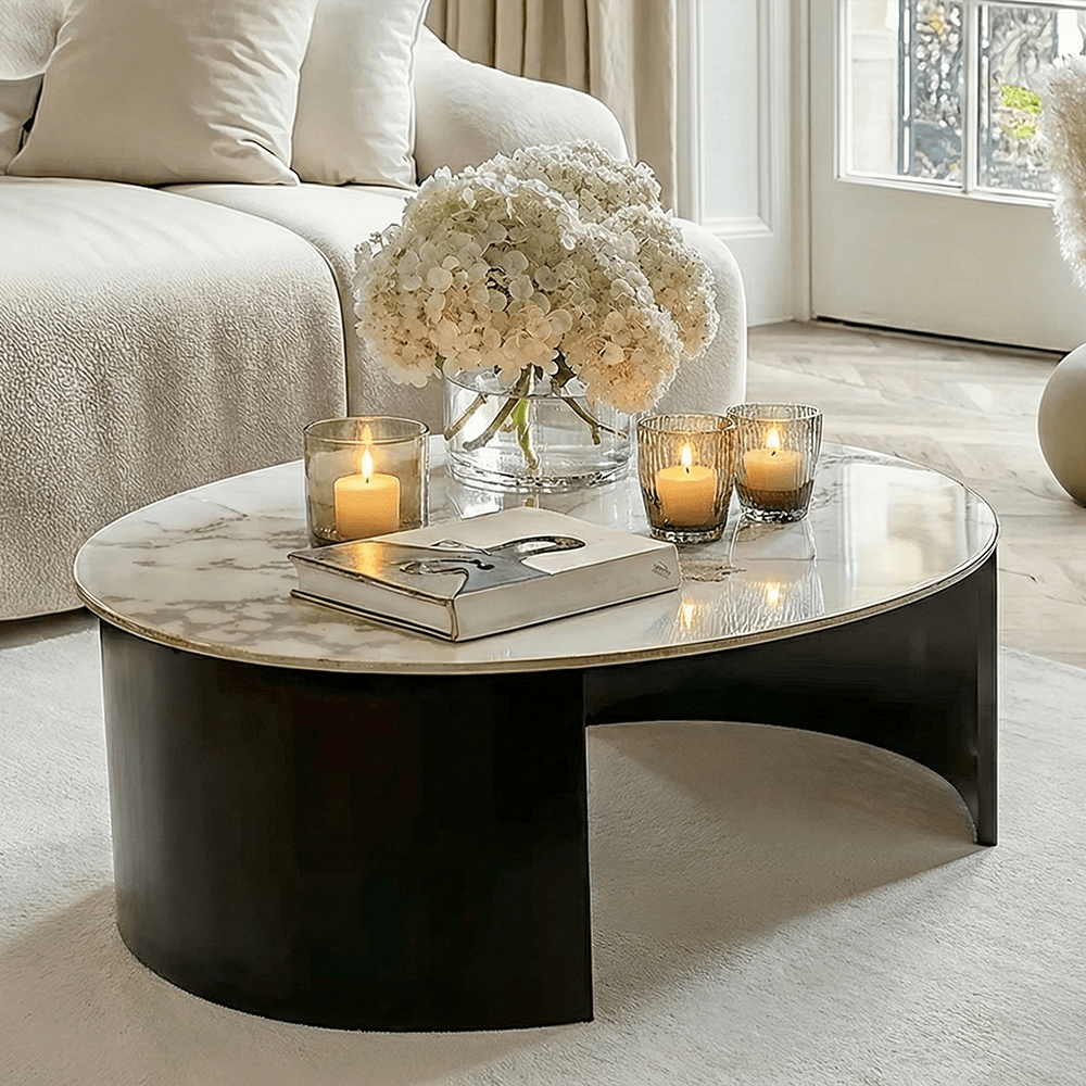 Macie Black Curved Coffee Table with Marble Top Furniture 