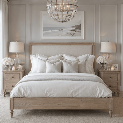 Malibu Cream Linen & Washed Wood Upholstered Bed Beds and Headboards 