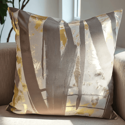 Maple Brown & Gold Metallic Brushstroke Effect Cushion - 50x50cm Textiles 