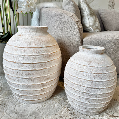 Marella Large Distressed White Wash Decorative Ribbed Vase Accessories 
