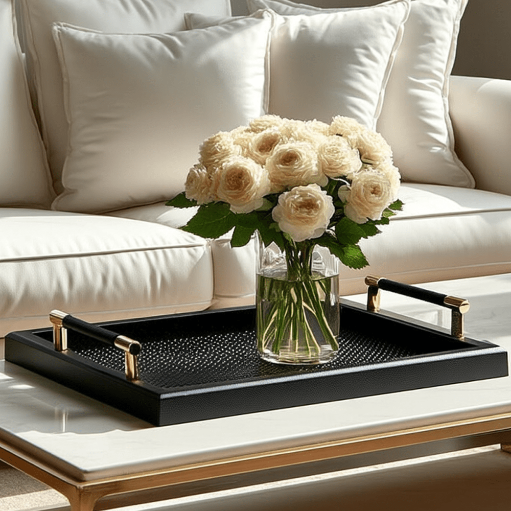 Margo Luxury Black Textured Tray with Gold Handles Accessories 
