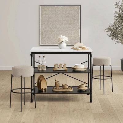 Mariah Beige Boucle Round Bar Stool with Black Legs Furniture 
