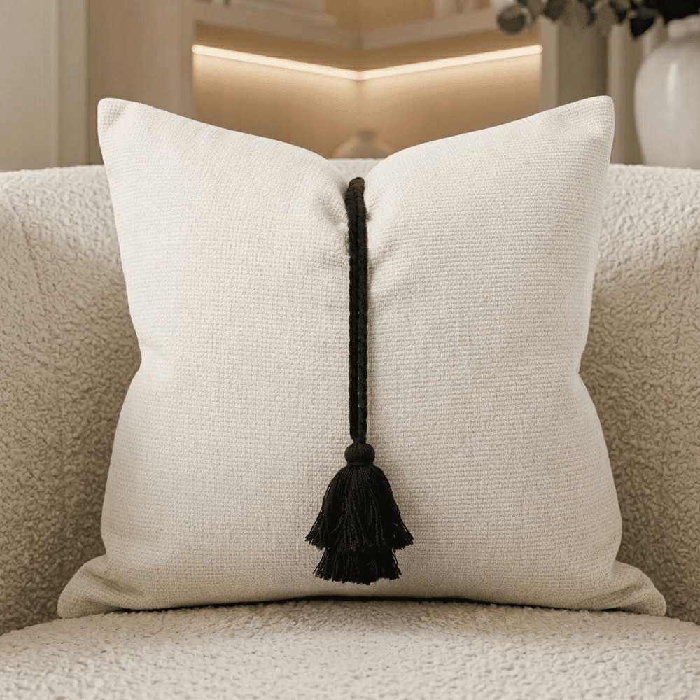 Maxone Cream & Black Tassel Detail Cushion Cover - 45x45cm Textiles 