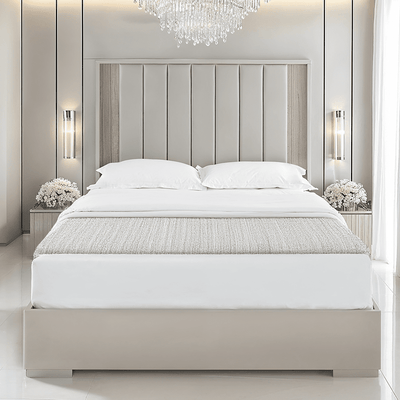 Maya Luxury Greige Channelled Bed with Integrated LED Lights Beds and Headboards 