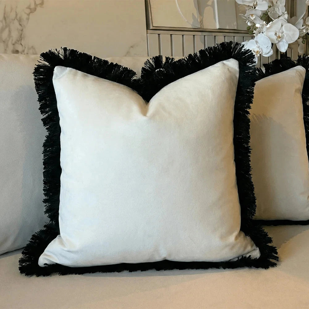 Melina Cream Velvet Cushion Cover with Black Fringe Detailing - 50x50cm Textiles 