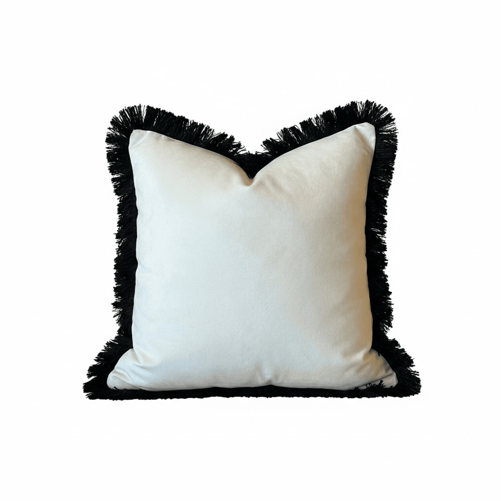 Melina Cream Velvet Cushion with Black Fringe Detailing- 50x50cm 