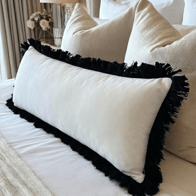 Melina Cream Velvet Fringed Long Bolster Cushion - 90x35cm Accessories 
