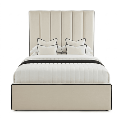 Mercer Cream Velvet Luxury Panelled Bed with Contrast Black Piping Beds and Headboards 