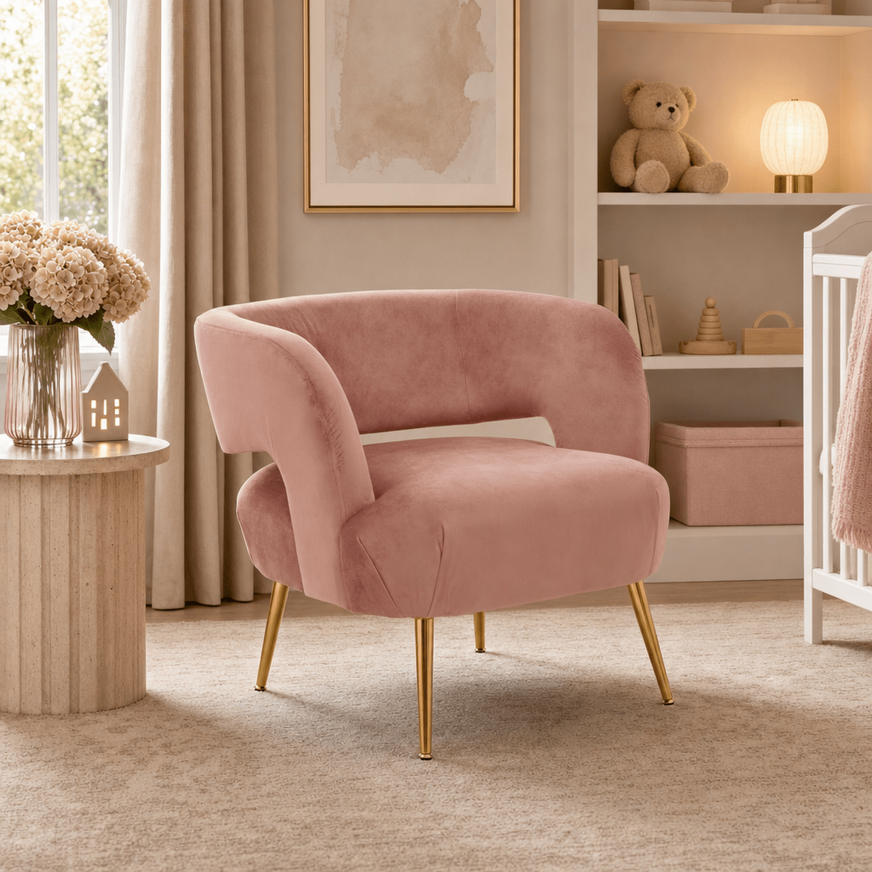 Mia Pink Velvet Curved Back Chair with Gold Legs Furniture 