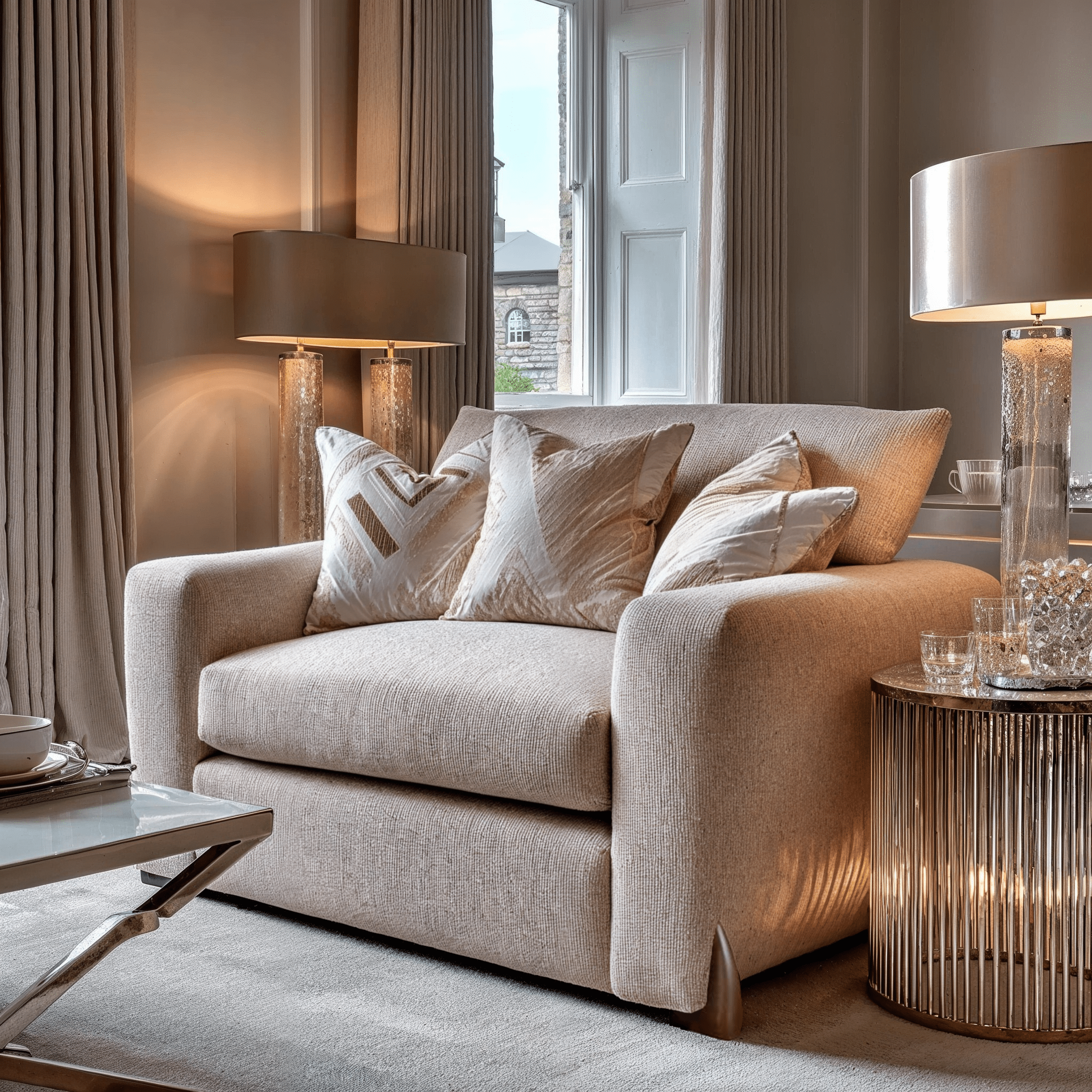 Mila Taupe Soft Textured Love Seat with Gold Feet Sofa 