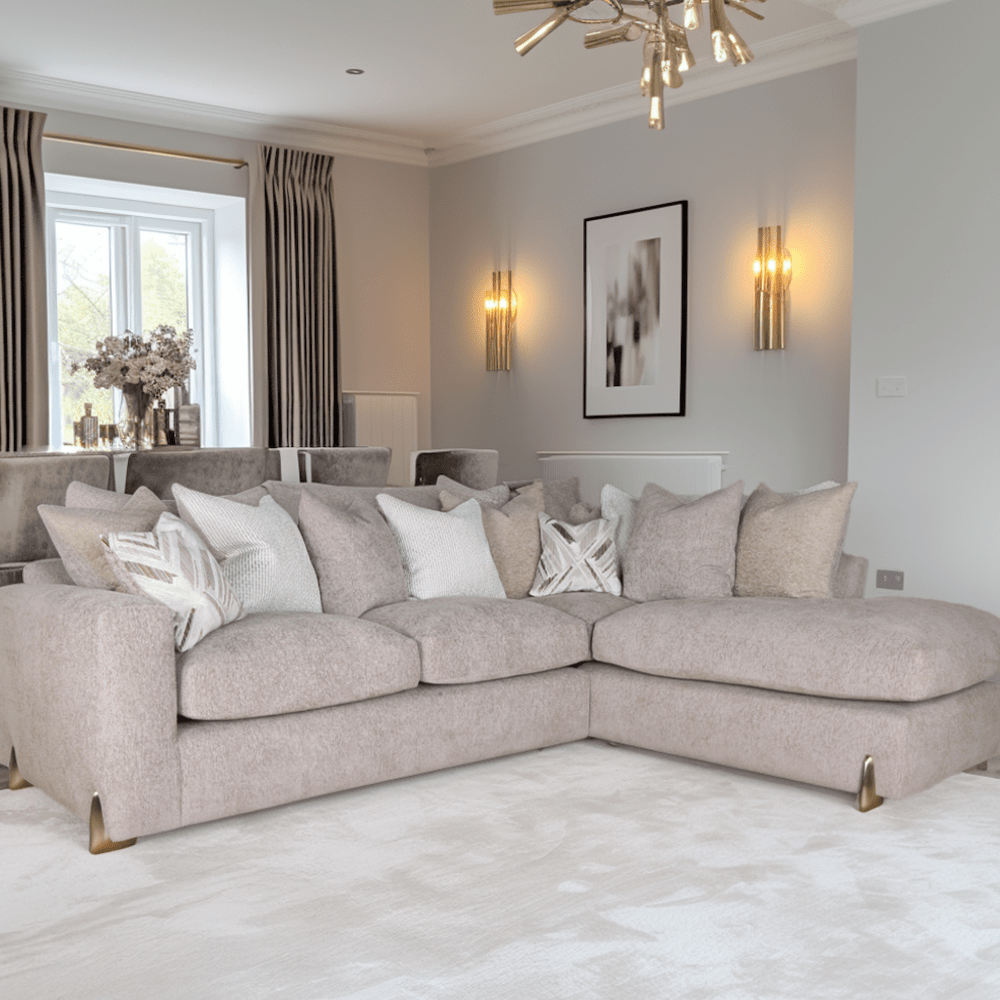 Mila Taupe Soft Textured Sofa Range with Gold Feet Sofa Large Right Hand Facing Pillow Back 
