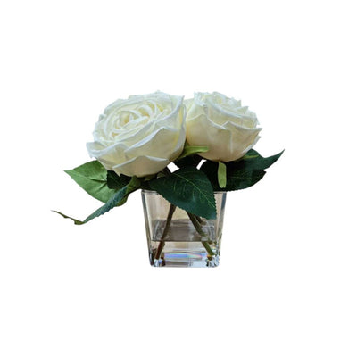 Mini Faux Cream Rose Floral Arrangement in Square Glass Vase Accessories 