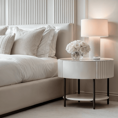 Mirabel Beige & Black Luxury Rounded Bedside Table Furniture 