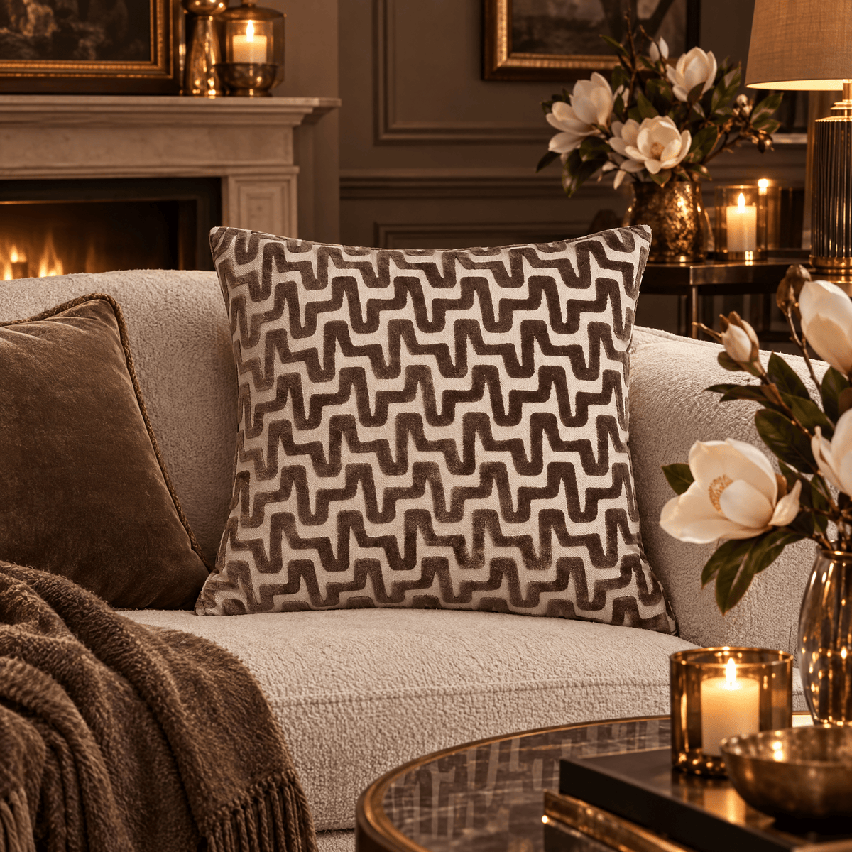 Monroe Brown & Cream Wavy Patterned Feather Filled Cushion - 56x56cm Textiles 
