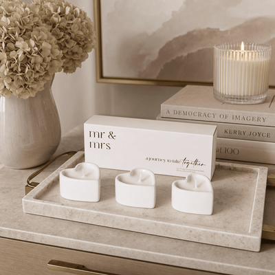 Mr & Mrs White Heart Shaped Tealight Candles - Set of 3 Fragrance 
