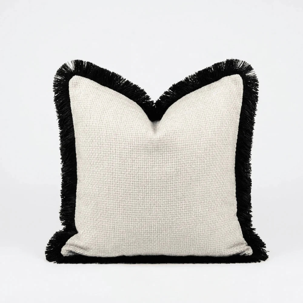 Nemia Cream Weaved Velvet Cushion Cover with Black Fringe Detail - 50x50cm Textiles 