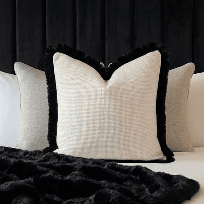 Nemia Cream Weaved Velvet Cushion with Black Fringe Detail- 50x50cm 