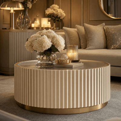 Nobbu Champagne Fluted Round Coffee Table with Mirrored Top Furniture 