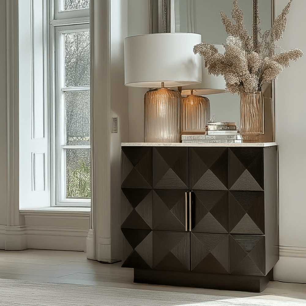 Norah Deep Brown 2 Door Sideboard with Travertine Top Furniture 