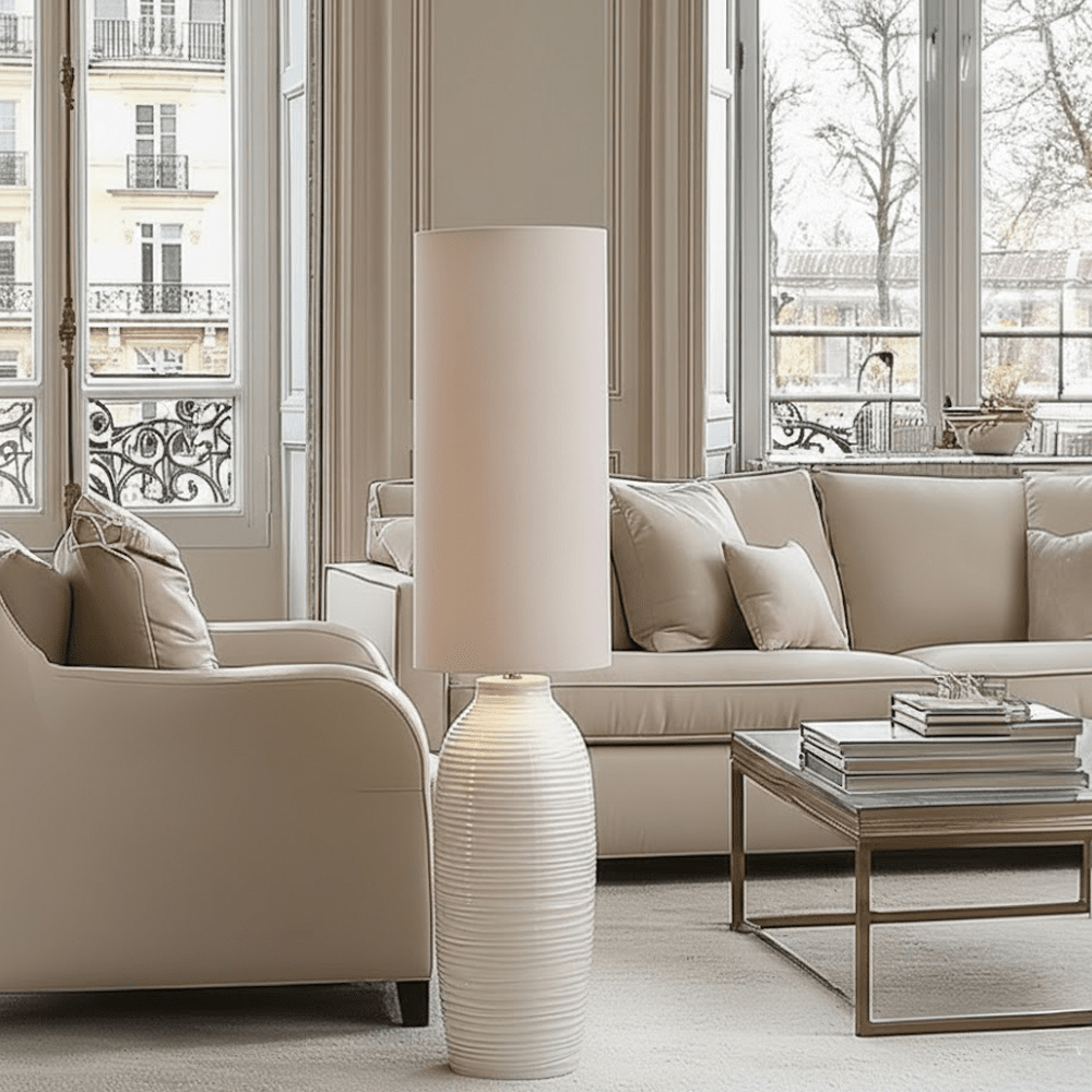 Nyelle White Textured Ceramic Floor Lamp with Linen Shade Lighting 