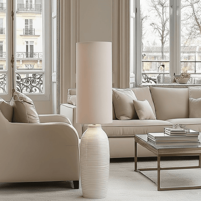 Nyelle White Textured Ceramic Floor Lamp with Linen Shade Lighting 