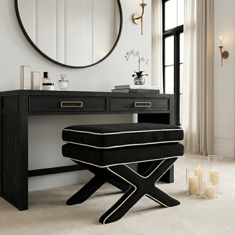 Oceanne Black Stool with Cream Piping Detail Furniture 