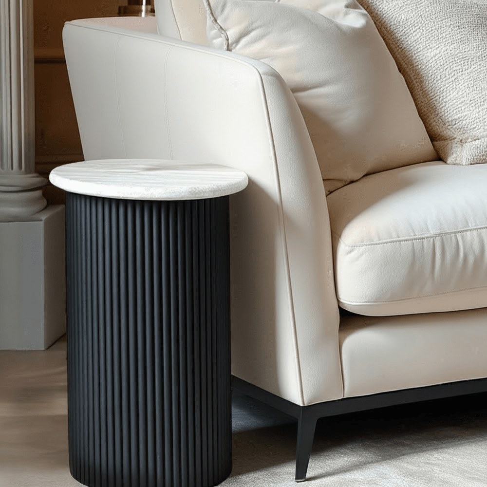 Odelia Black Ribbed Side Table with Marble Top Furniture 