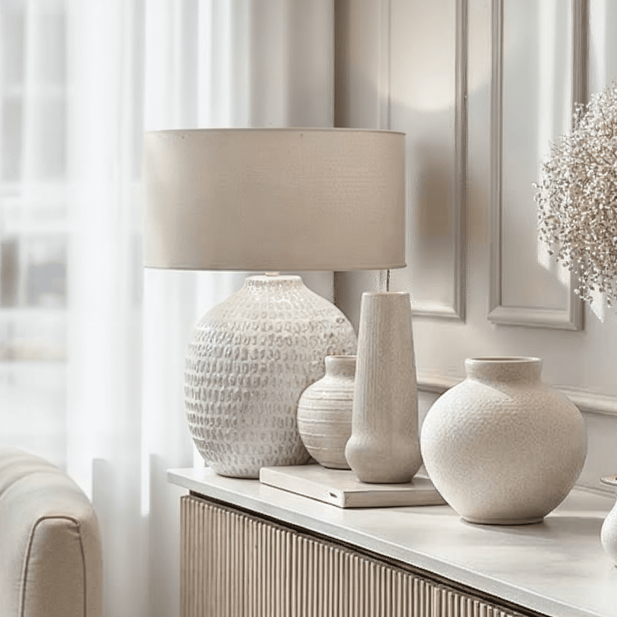 Ola Natural Ceramic Linear Patterned Table Lamp Lighting 