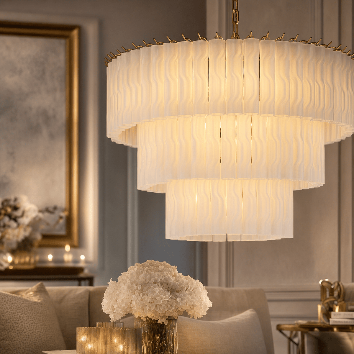 Ophelia Large Luxury Frosted Glass 3 Tier Chandelier Lighting 