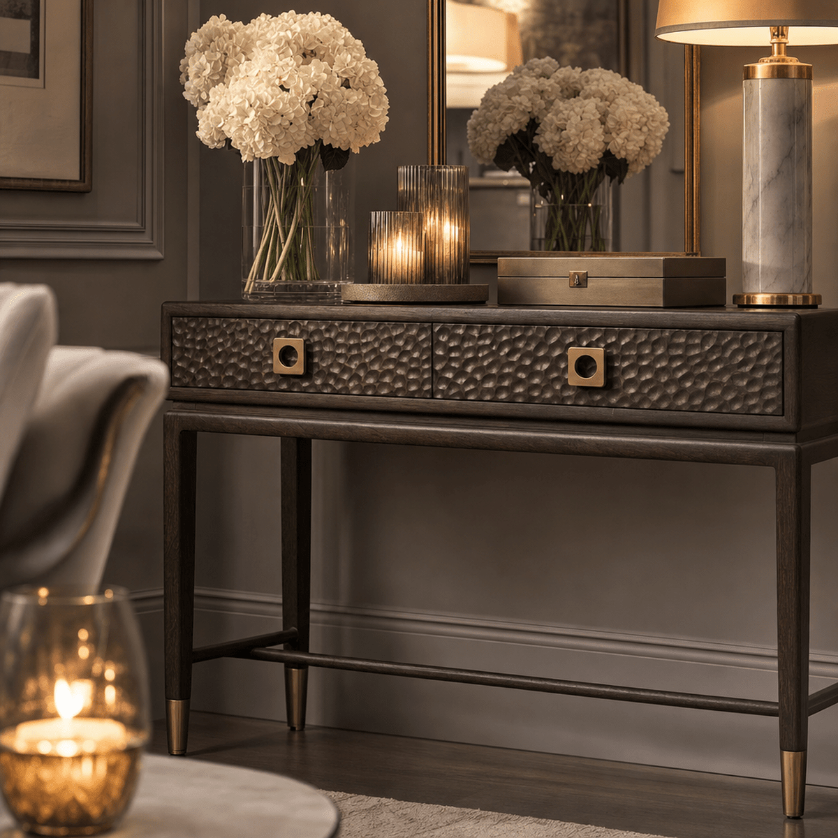 Osmund Dark Hammered Oak Effect 2 Drawer Console Table Furniture 