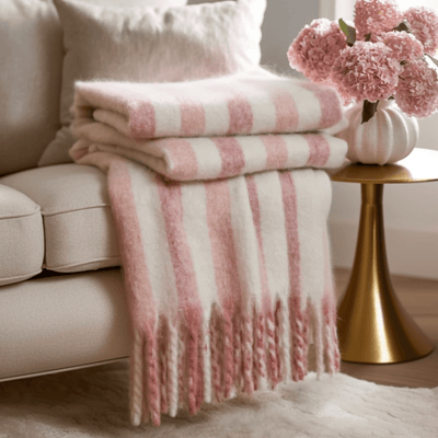 Ottilie Pink & White Striped Tasseled Throw Textiles 