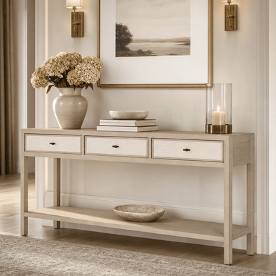 Paradigm Light Oak & Linen 3 Drawer Console Table Furniture 