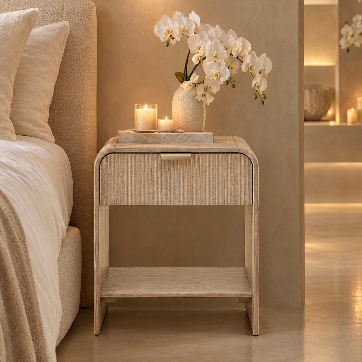 Penelope Luxury Ribbed Wooden 1 Drawer Bedside Table Furniture 