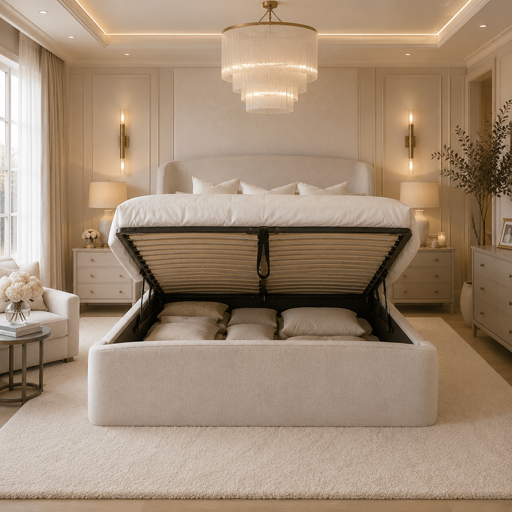 Reya Cashmere Textured Winged Ottoman Bed Beds and Headboards 