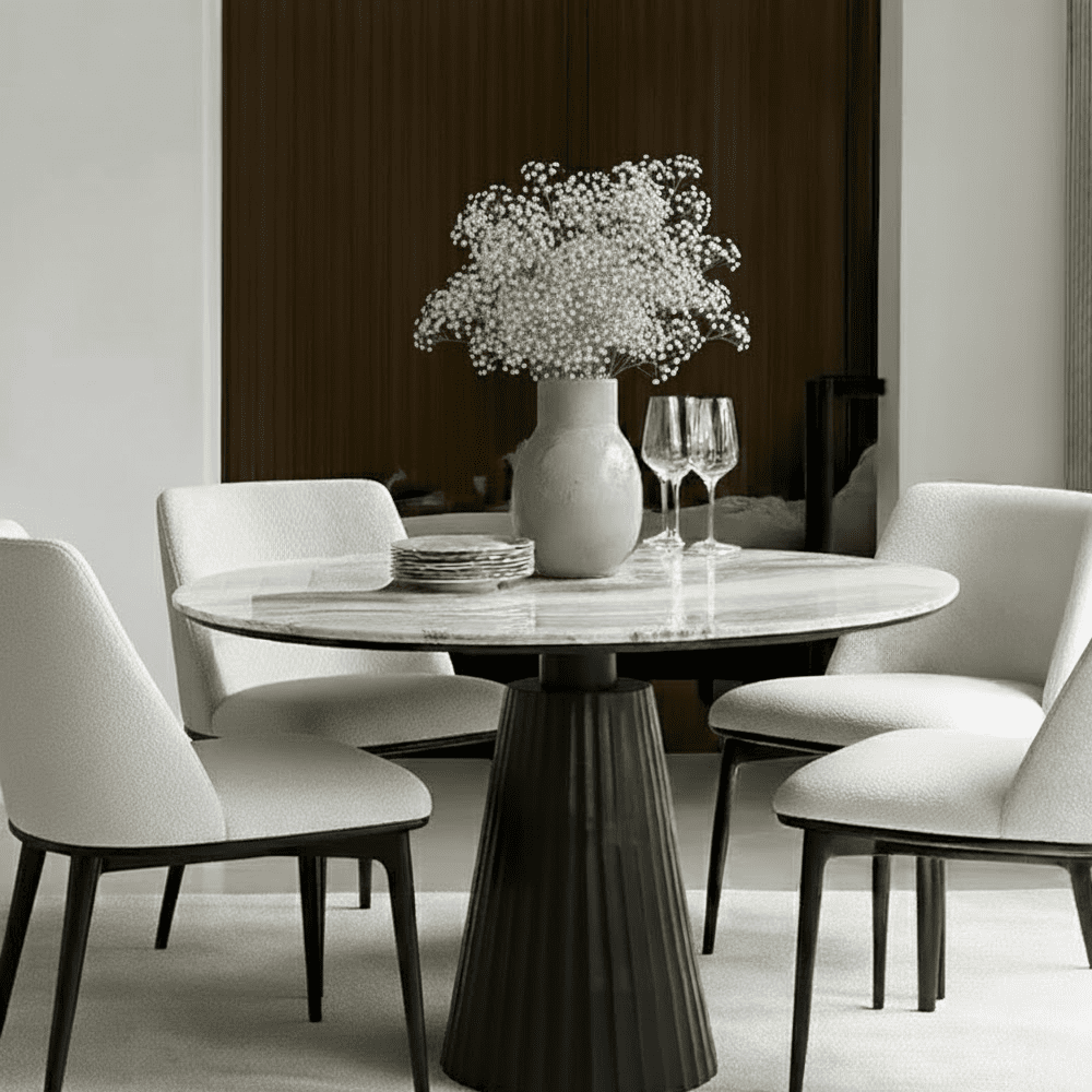Rezina Matt Black Ribbed Round Dining Table with Taupe Marble Top Furniture 