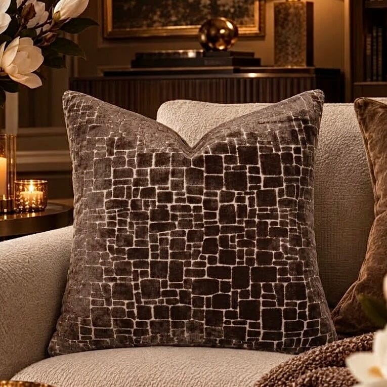 Rhea Brown & Cream Geometric Feather Filled Cushion - 43x43cm Textiles 