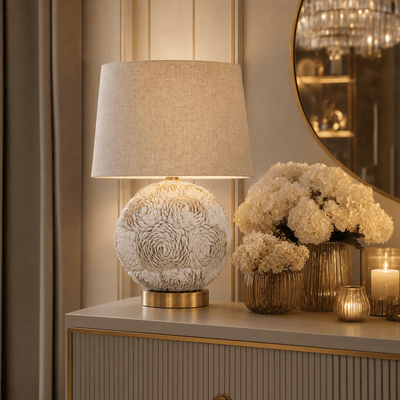 Roma Cream 3D Floral Round Table Lamp with Linen Shade Lighting 