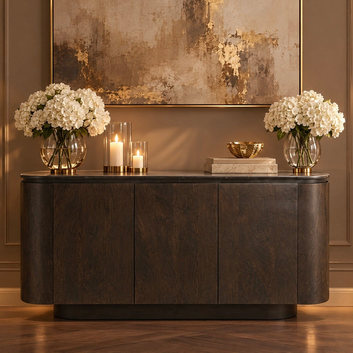 Romie Dark Wood Curved Sideboard Furniture 