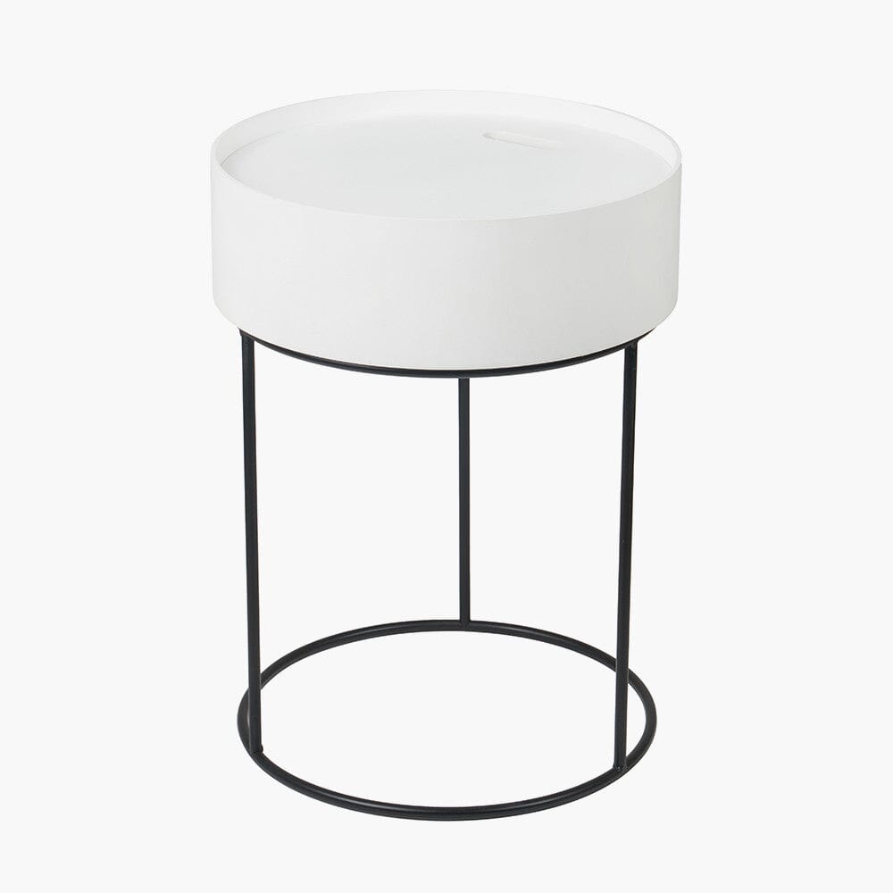 Rosolini White Wood Veneer & Black Metal Storage Side Table Furniture 