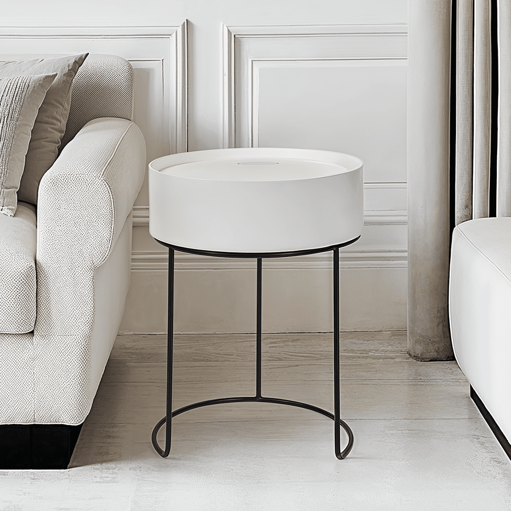 Rosolini White Wood Veneer & Black Metal Storage Side Table Furniture 