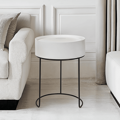 Rosolini White Wood Veneer & Black Metal Storage Side Table Furniture 