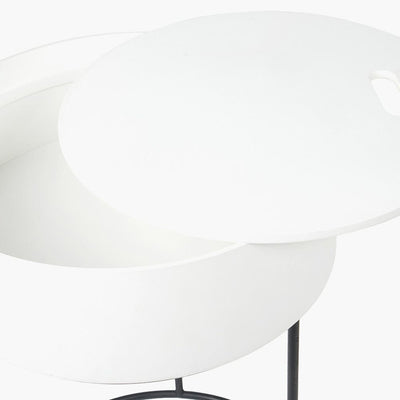 Rosolini White Wood Veneer & Black Metal Storage Side Table Furniture 