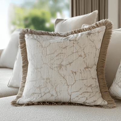 Saphira Cream Marble Effect Cushion with Fringe Detail - 43x43cm Accessories 
