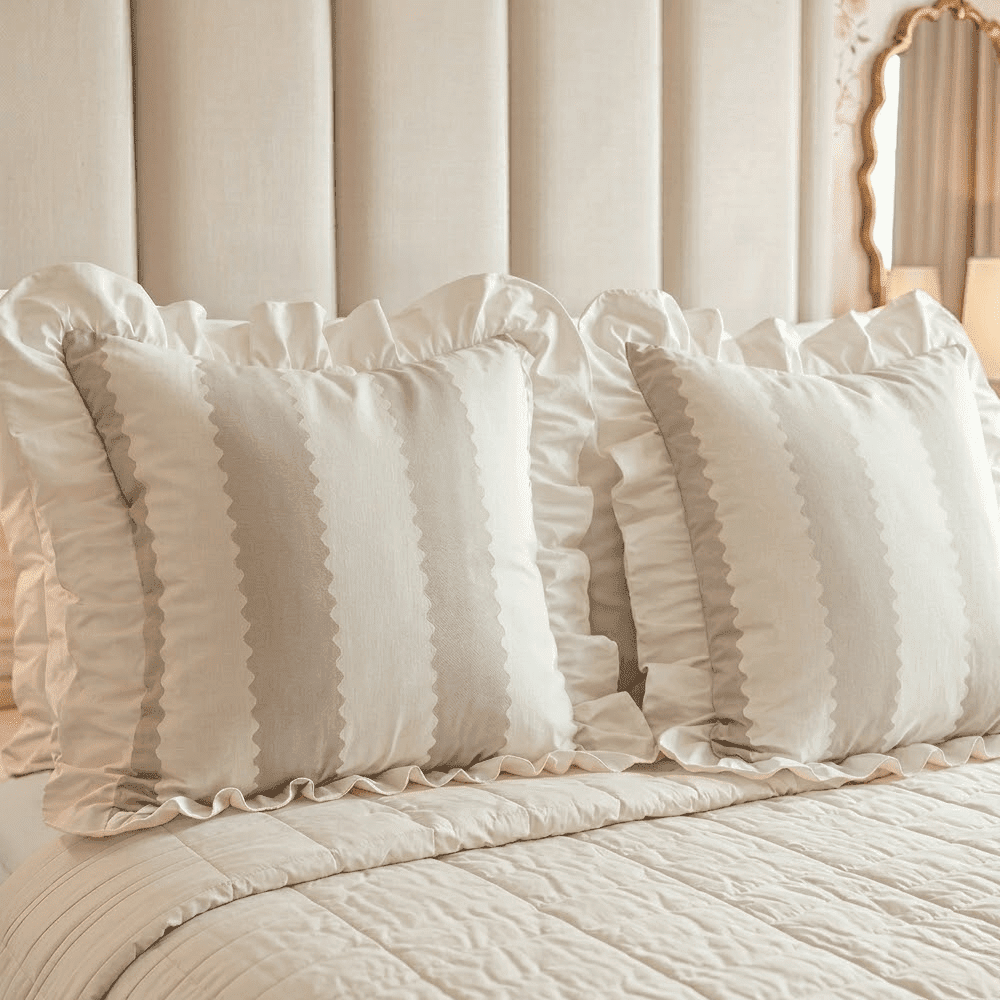 Sasha Oatmeal Striped Frilled Edge Cushion Cover - 45x45cm Textiles 