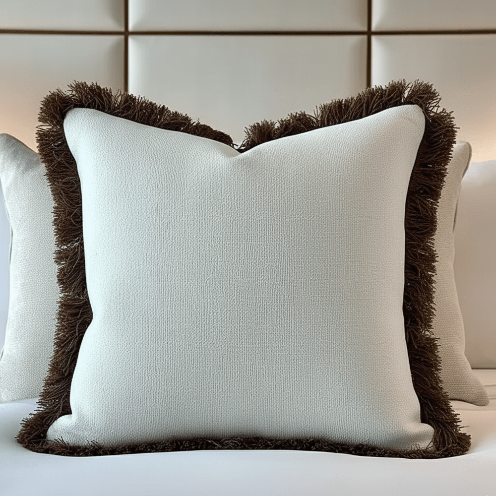 Scarlett Off White Textured Cushion with Brown Fringing Detail - 56x56cm Textiles 