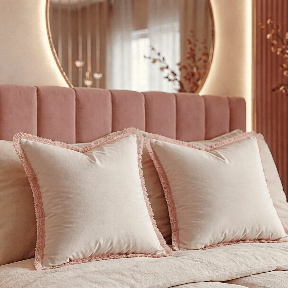 Scarlett Off White Textured Cushion with Pink Fringing Detail - 56x56cm Textiles 